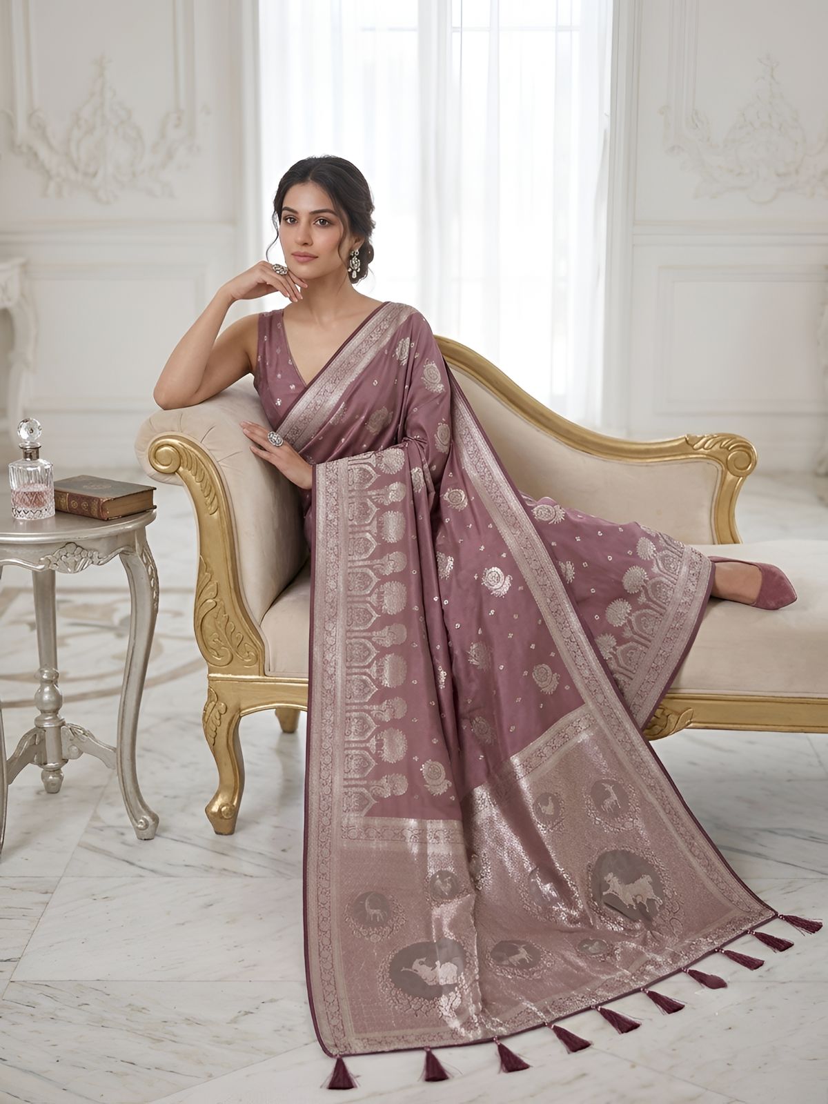 Rose Mauve Silver Zari Woven Traditional Saree with Designer Heritage Pallu