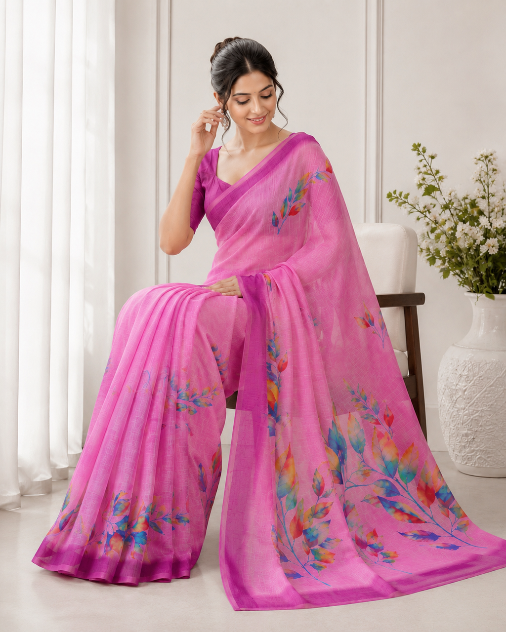 Pink Linen Printed Saree with Floral Design | Lightweight Party Wear Saree for Women