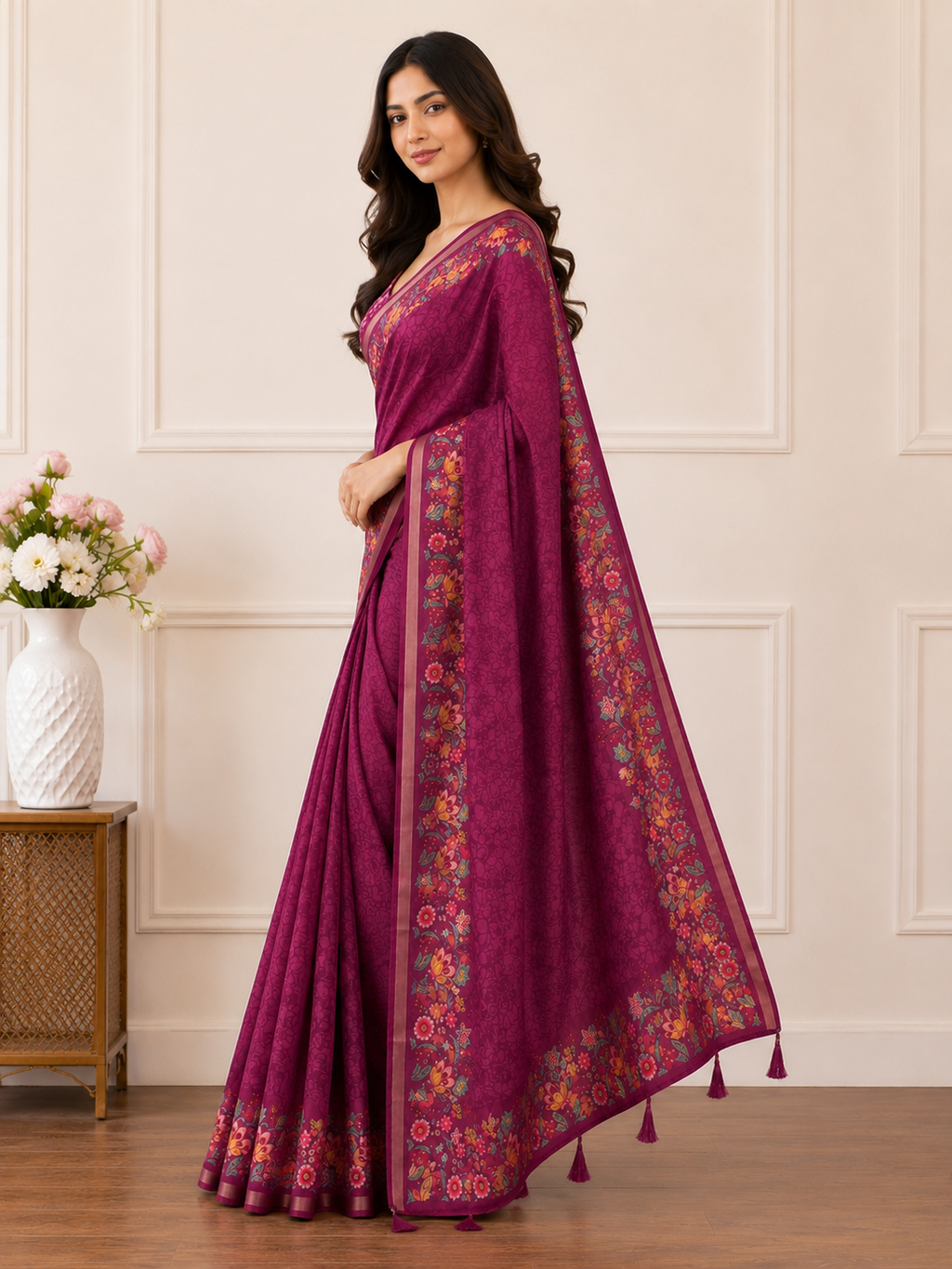 Pink Floral Border Linen Blend Saree for Women | Elegant Traditional Saree