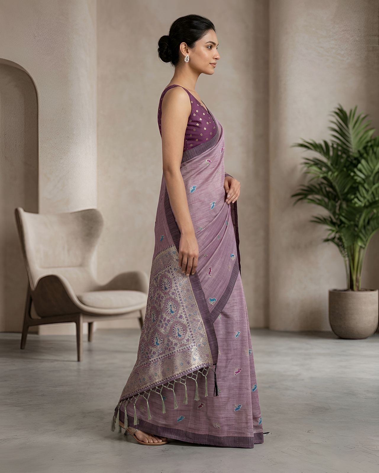 Dusty Lavender Woven Saree with Multicolor Buti Motifs and Designer Heritage Pallu