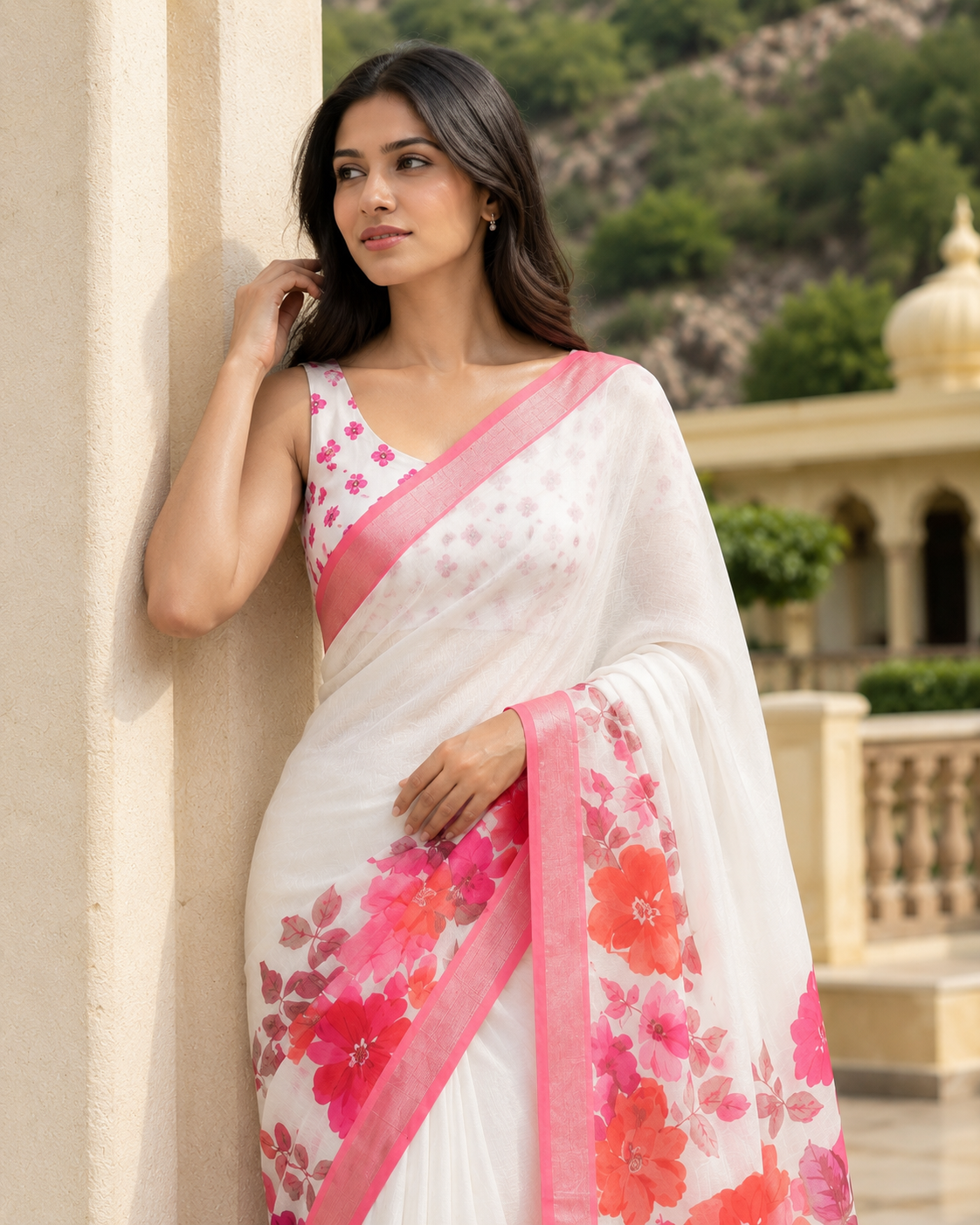 Pink Blossom Floral Organza Saree with Designer Border