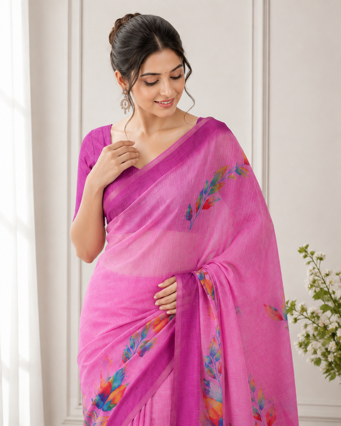 Pink Linen Printed Saree with Floral Design | Lightweight Party Wear Saree for Women