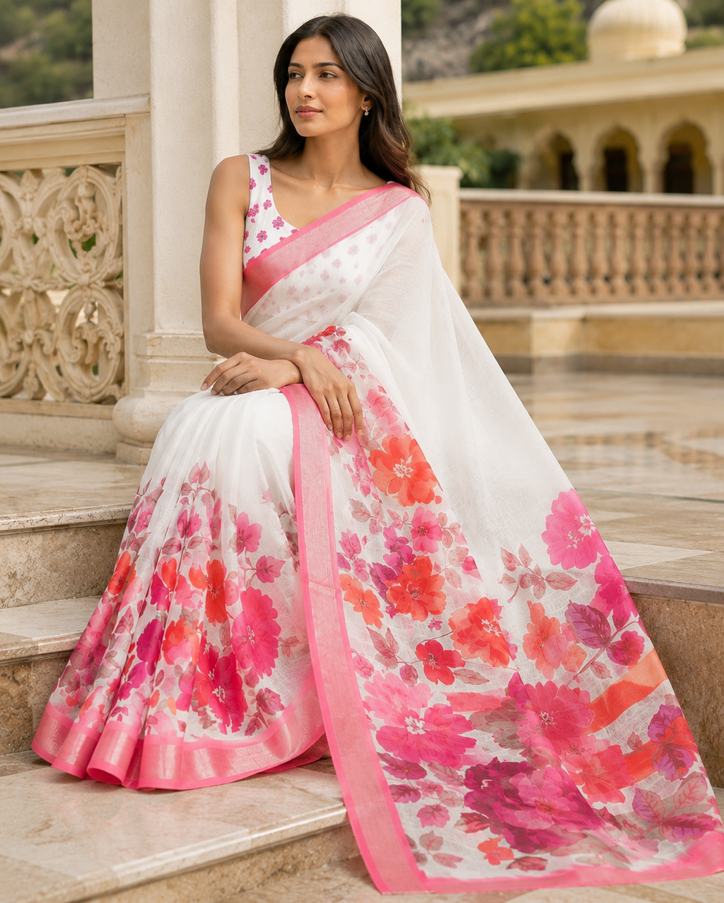 Pink Blossom Floral Organza Saree with Designer Border