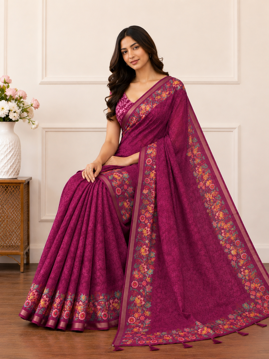 Pink Floral Border Linen Blend Saree for Women | Elegant Traditional Saree