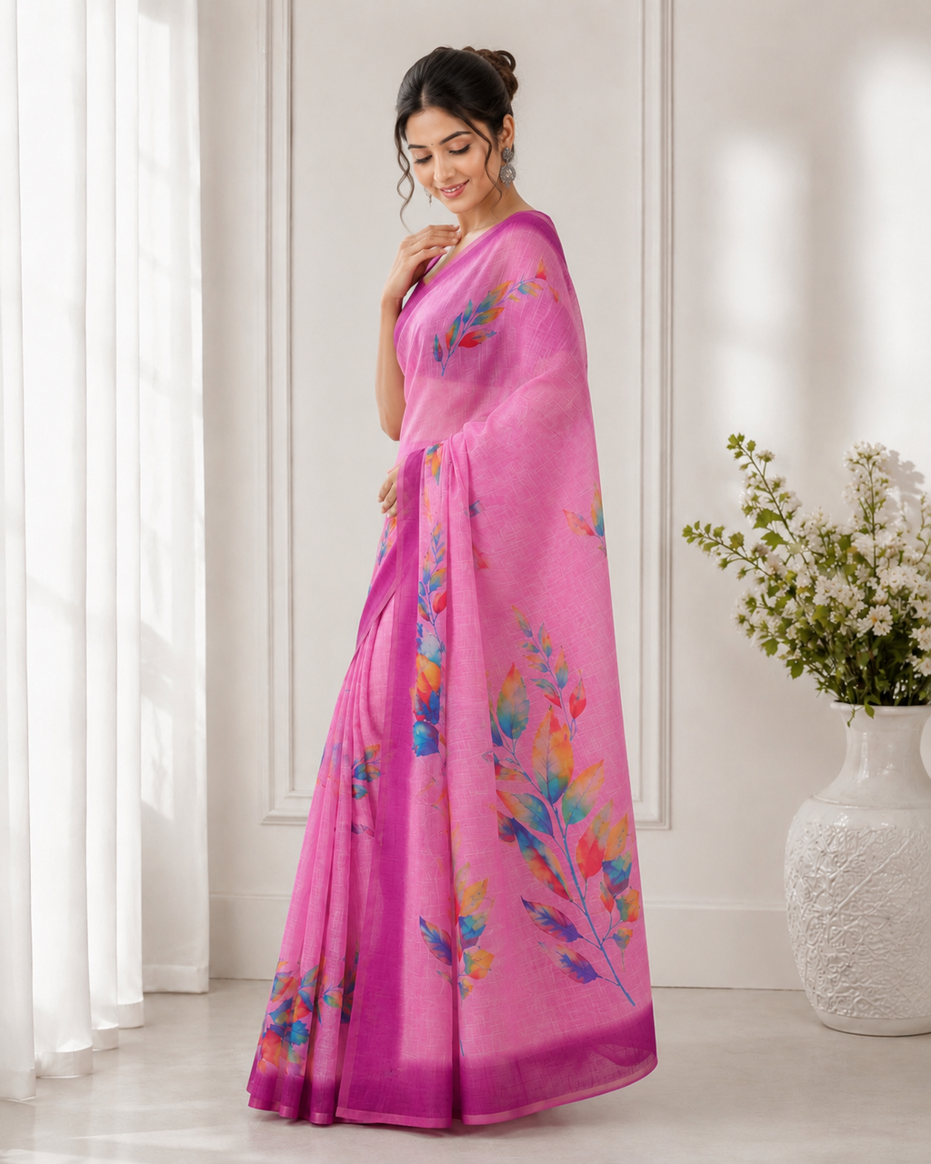 Pink Linen Printed Saree with Floral Design | Lightweight Party Wear Saree for Women