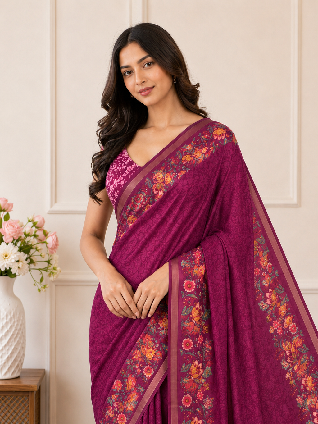 Pink Floral Border Linen Blend Saree for Women | Elegant Traditional Saree