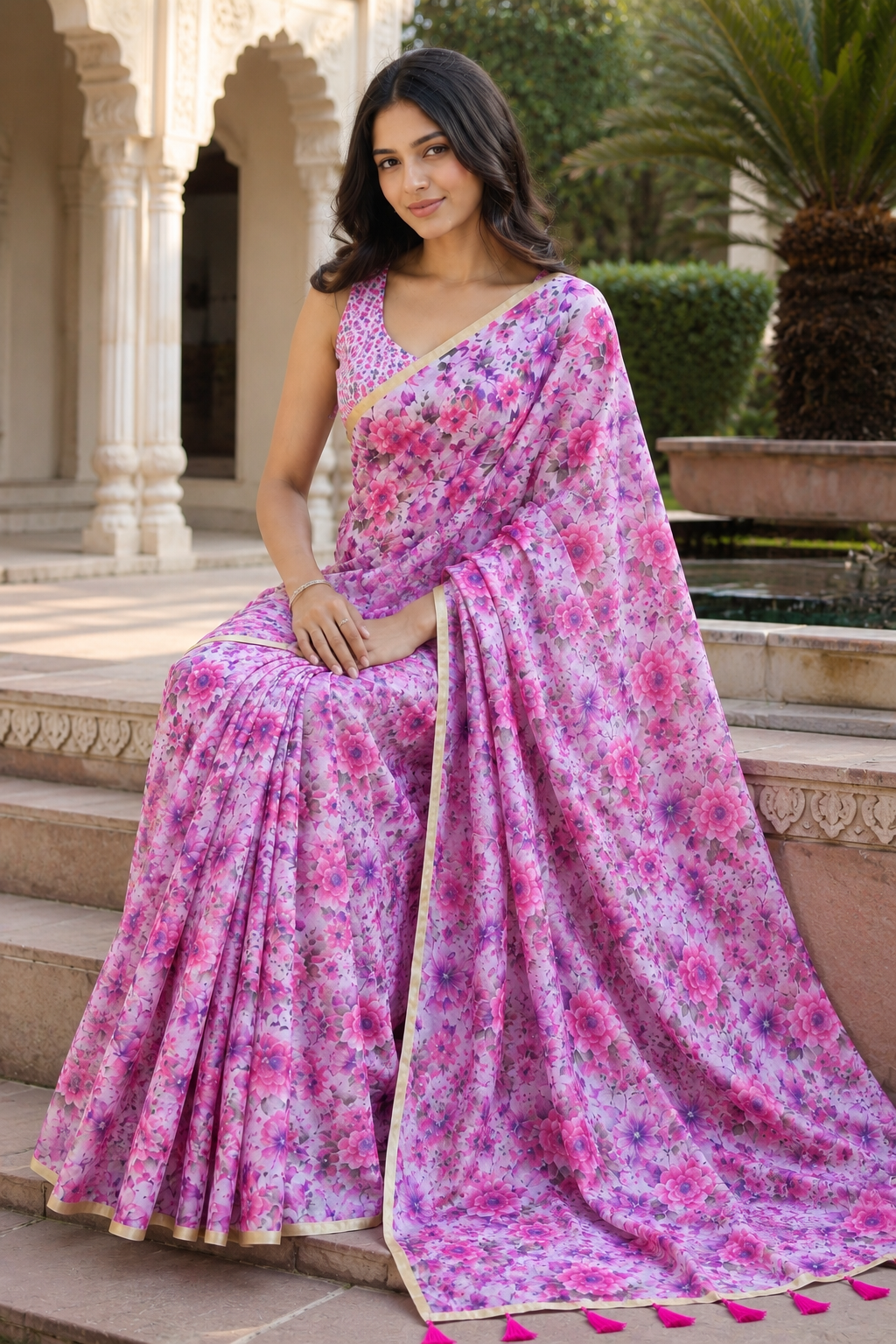 Pink Floral Printed Linen Saree for Women | Lightweight Casual & Party Wear Saree