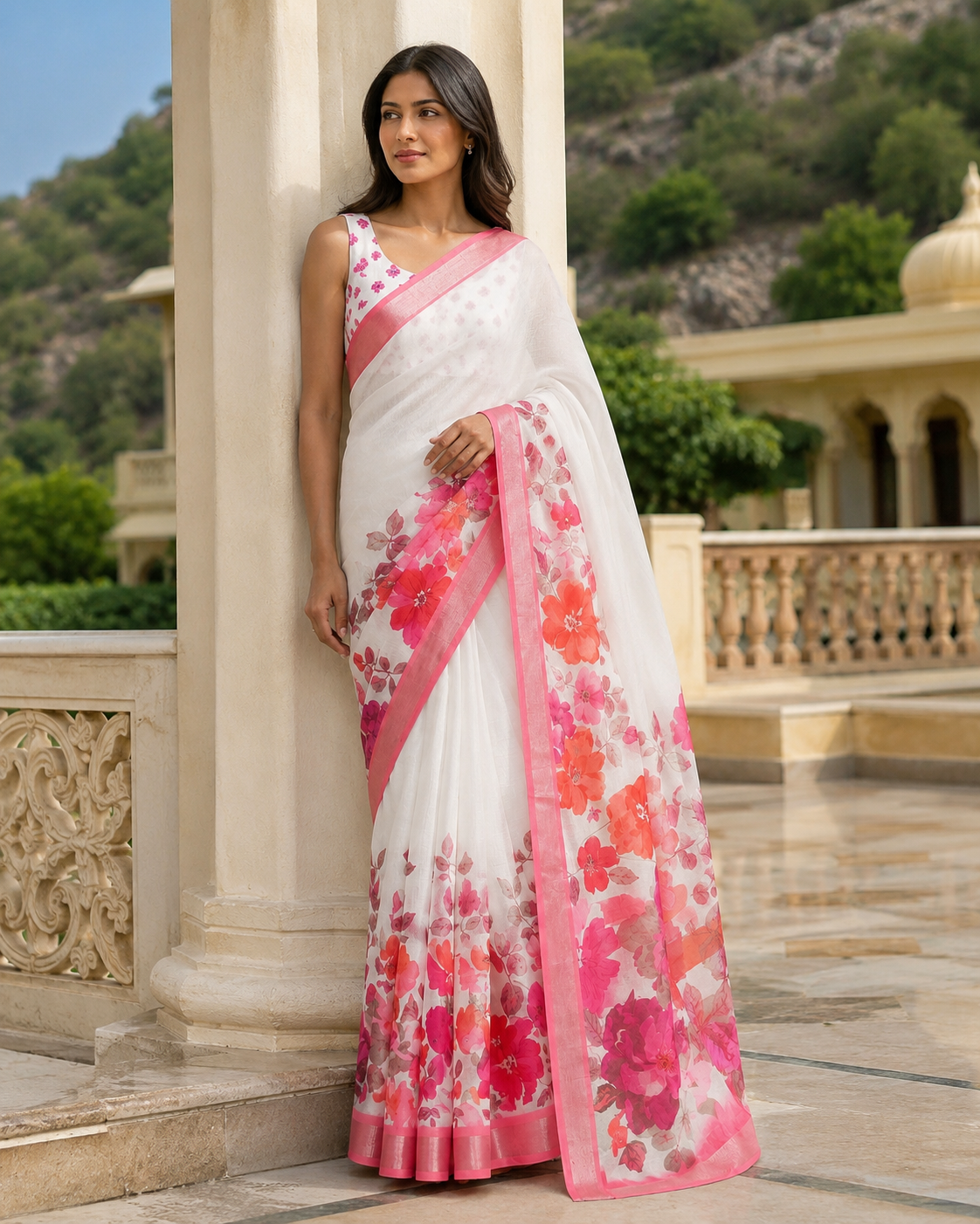 Pink Blossom Floral Organza Saree with Designer Border