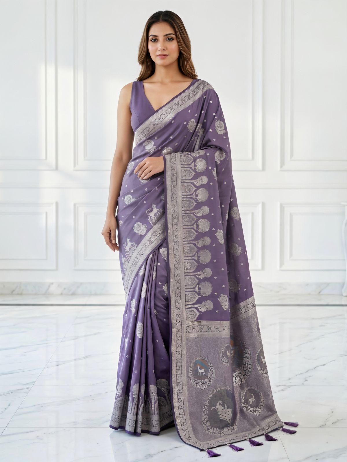 Lavender Purple Silver Zari Woven Traditional Saree with Designer Heritage Pallu