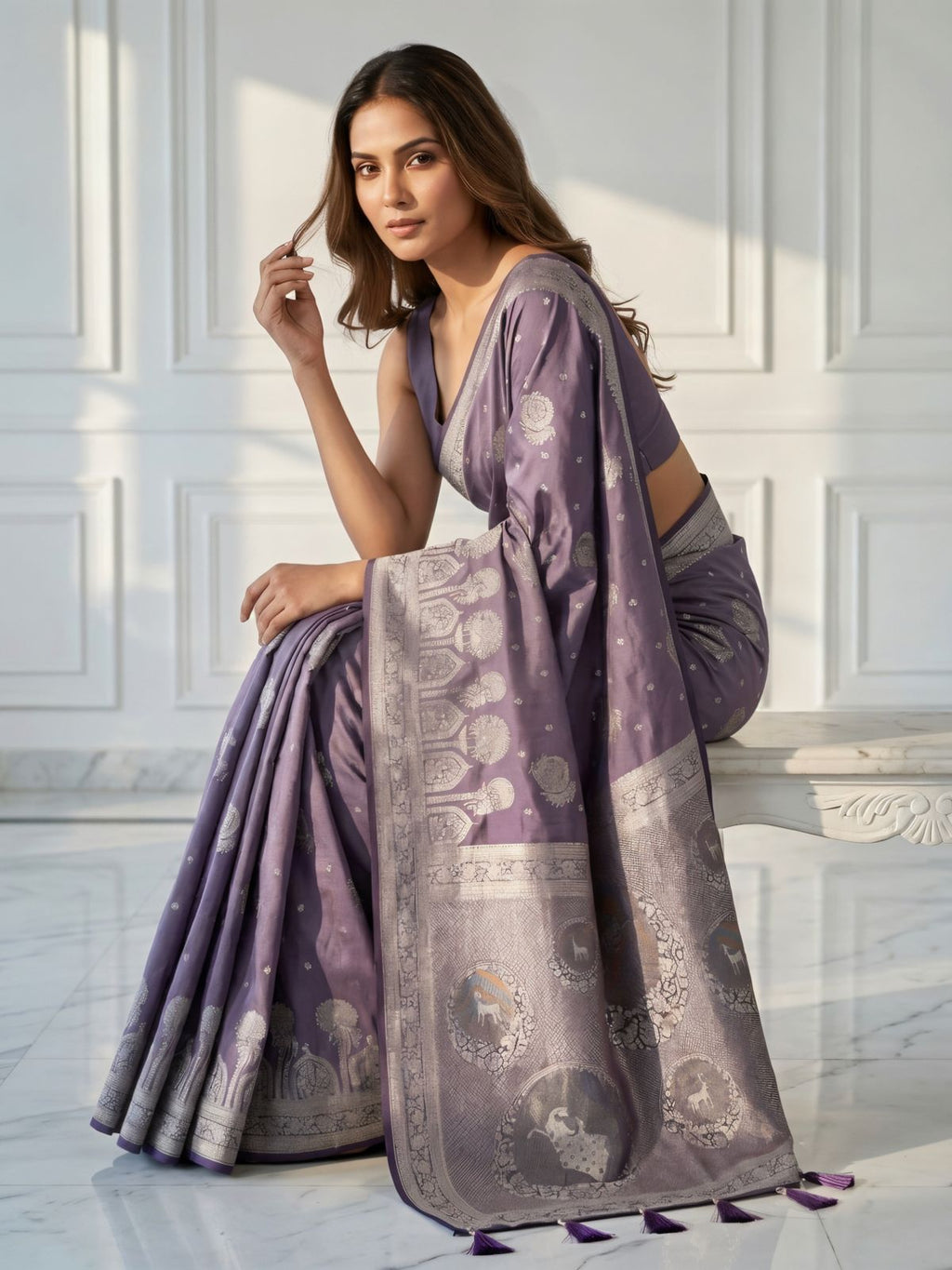 Lavender Purple Silver Zari Woven Traditional Saree with Designer Heritage Pallu
