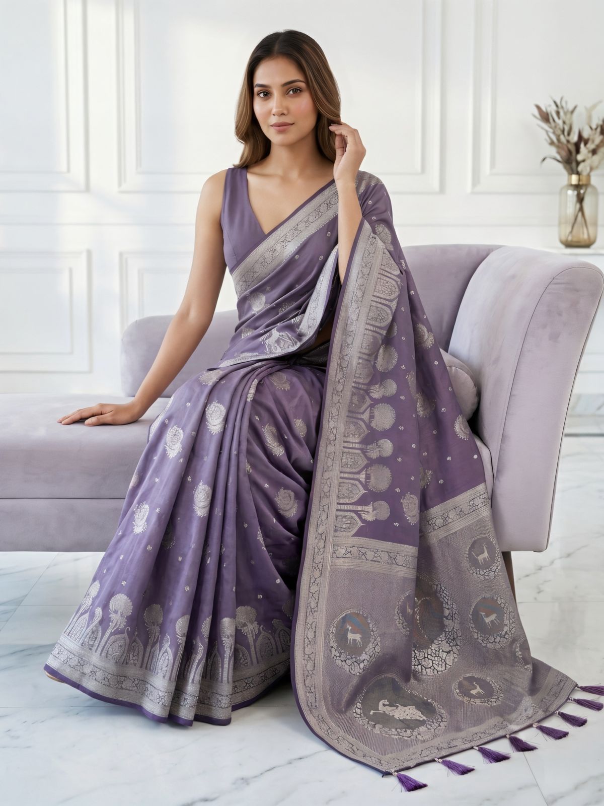 Lavender Purple Silver Zari Woven Traditional Saree with Designer Heritage Pallu