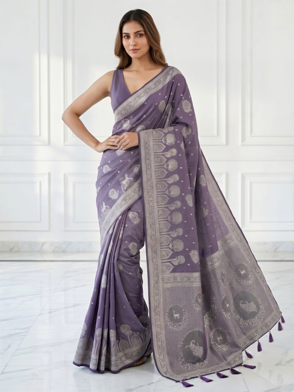 Lavender Purple Silver Zari Woven Traditional Saree with Designer Heritage Pallu