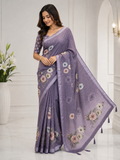 Purple Floral Printed Linen Blend Saree with Tassels