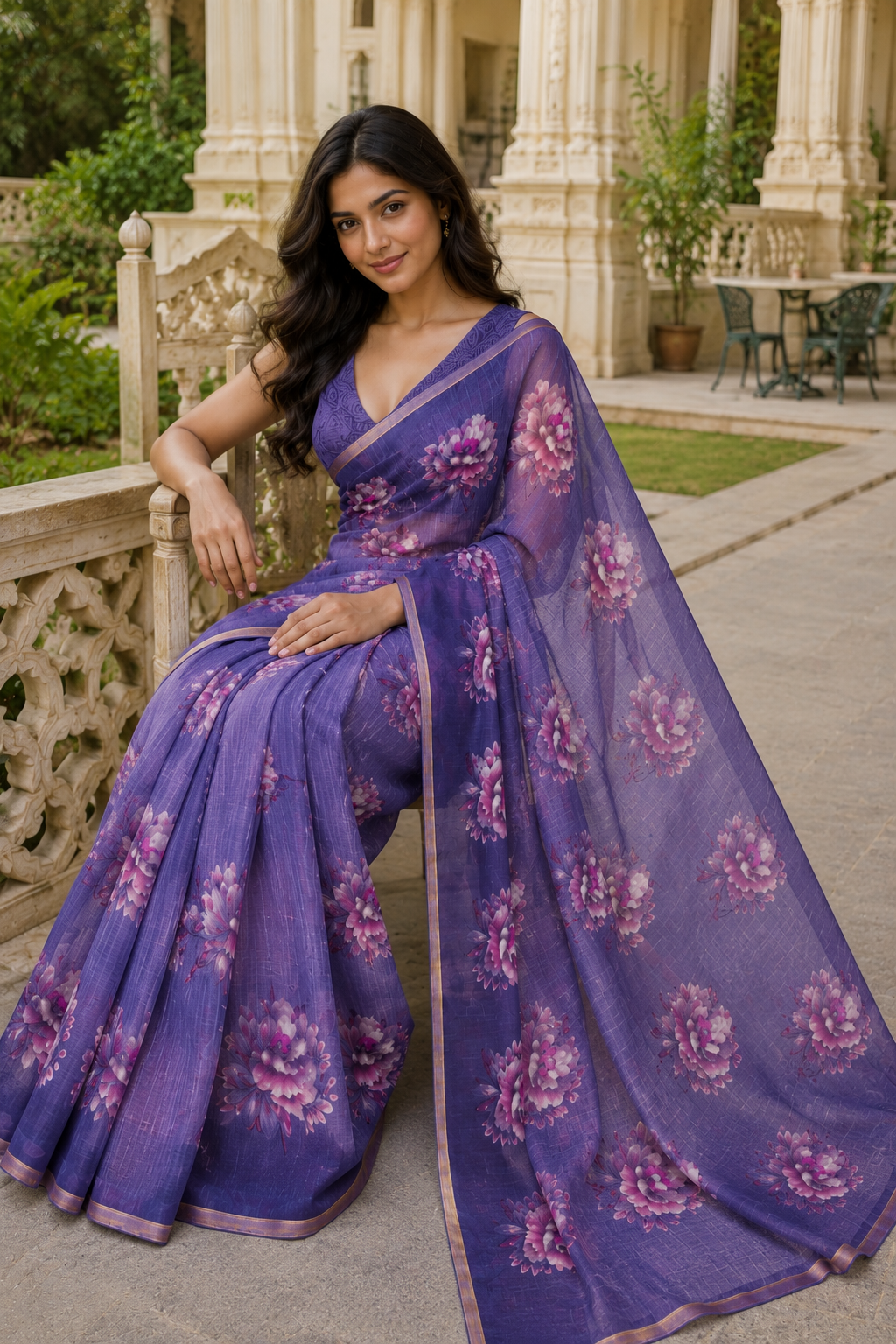 Aadatein Purple Linen Digital Printed Floral Saree with Golden Border