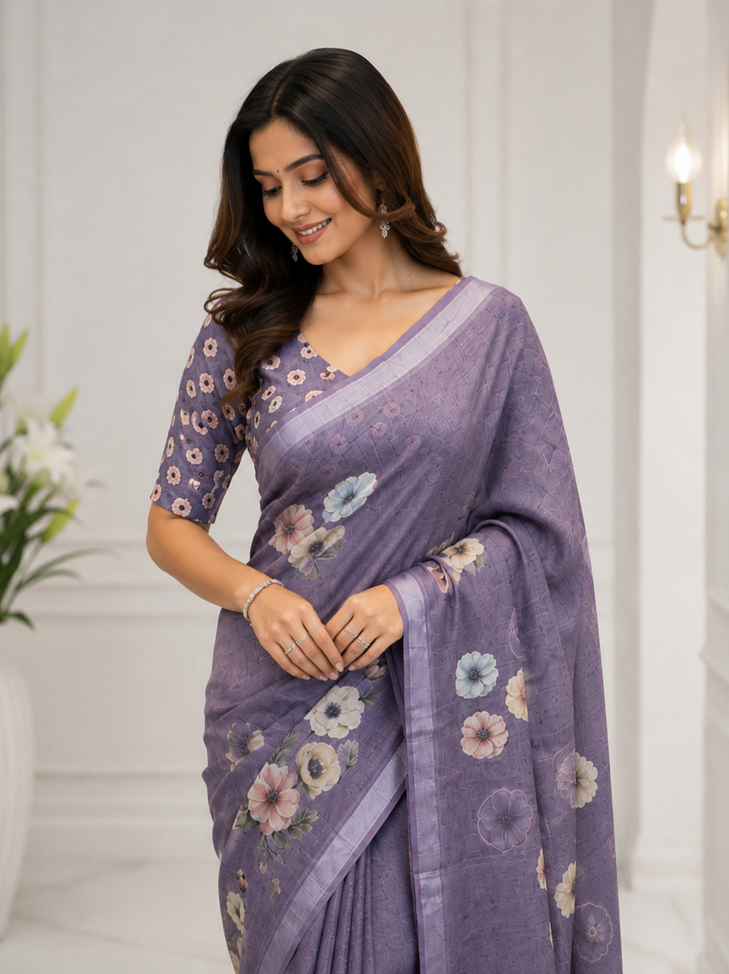 Purple Floral Printed Linen Blend Saree with Tassels