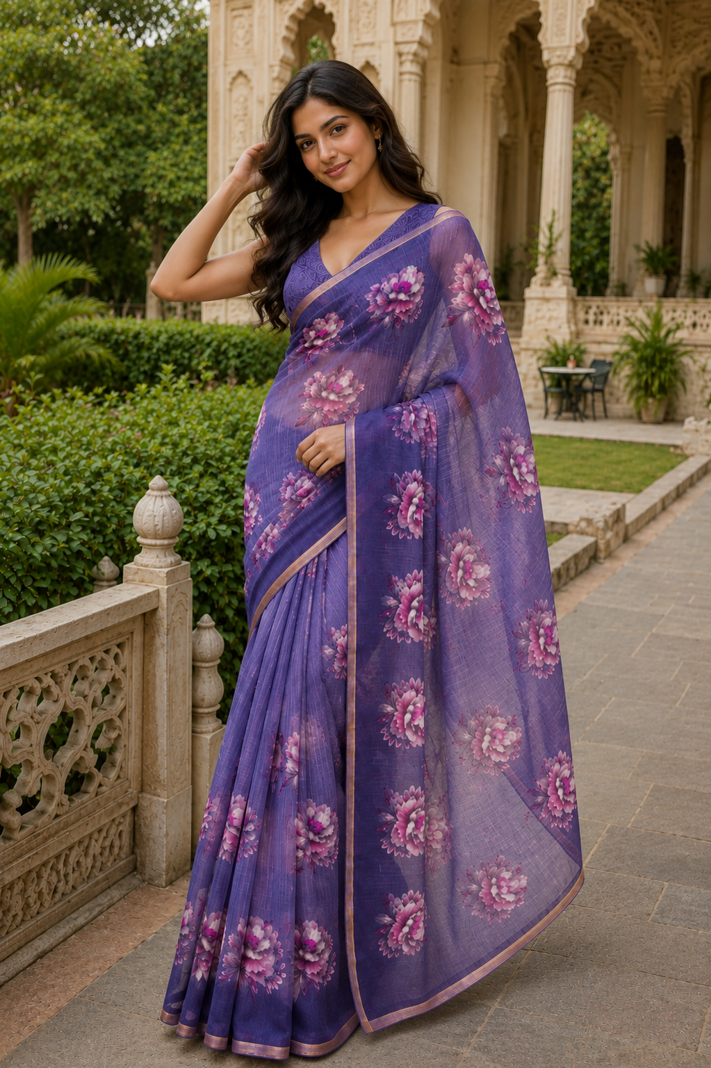 Aadatein Purple Linen Digital Printed Floral Saree with Golden Border