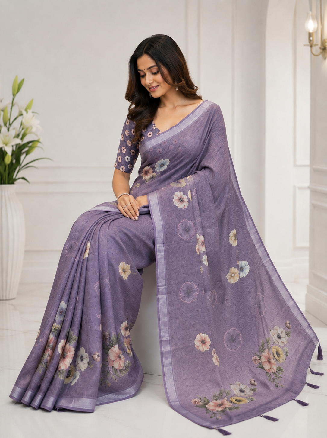 Purple Floral Printed Linen Blend Saree with Tassels