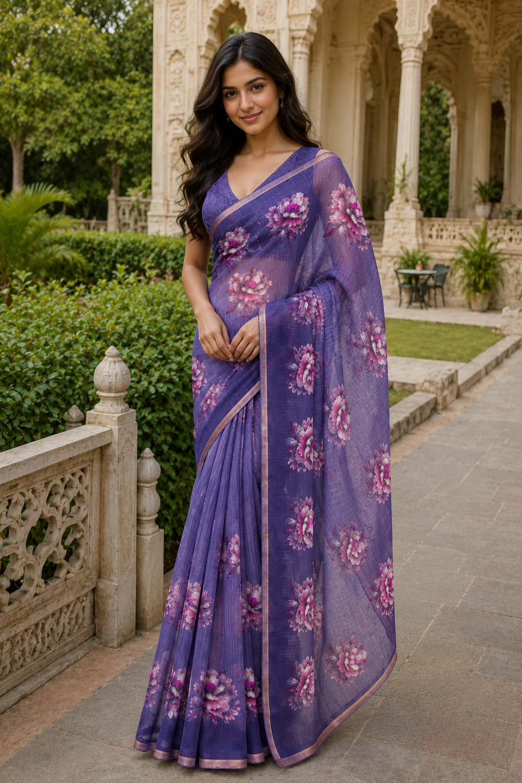 Aadatein Purple Linen Digital Printed Floral Saree with Golden Border