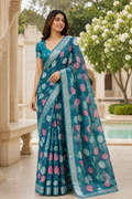 Rama Green Floral Organza Silk Saree with Silver Border