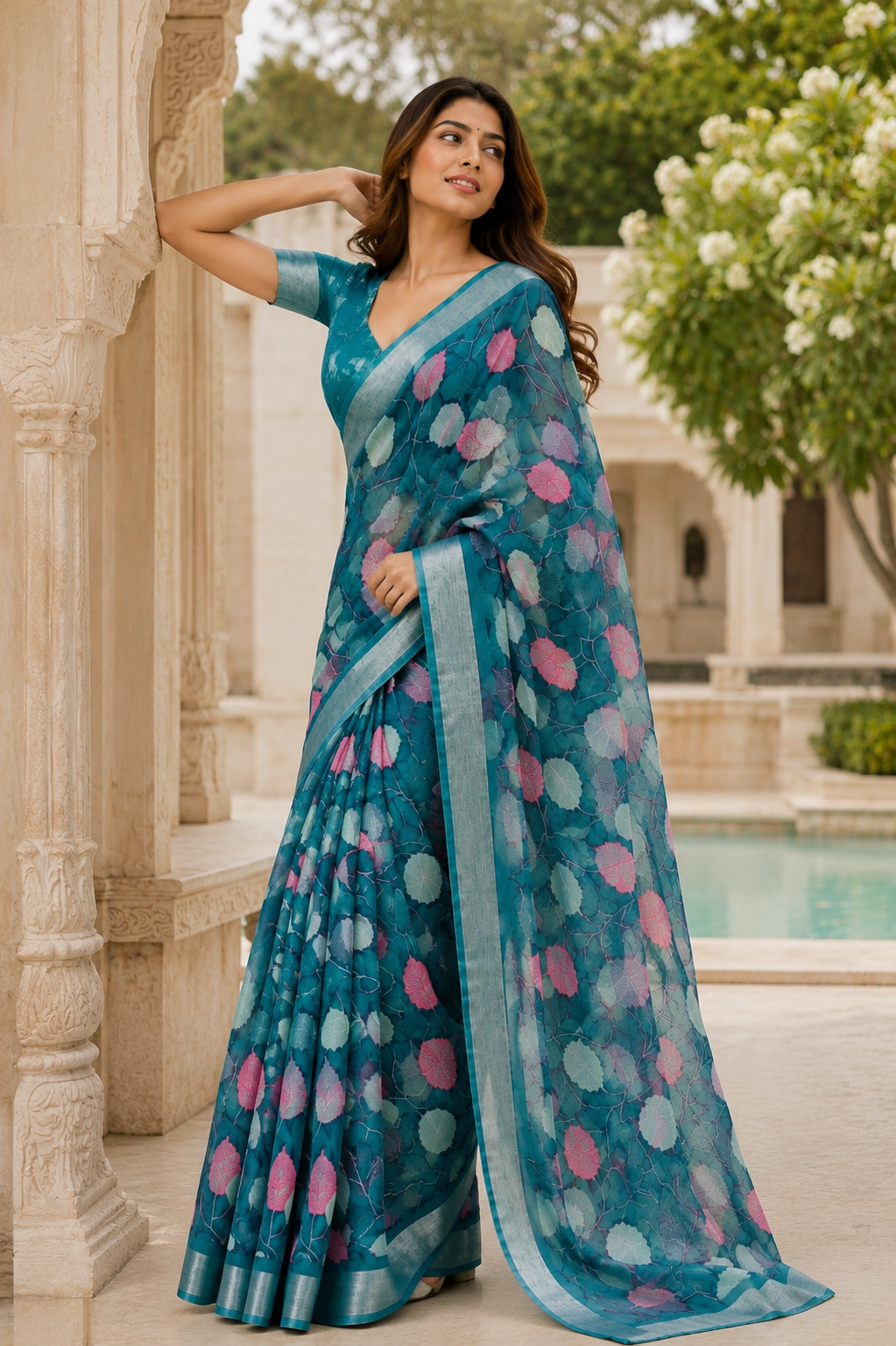 Rama Green Floral Organza Silk Saree with Silver Border