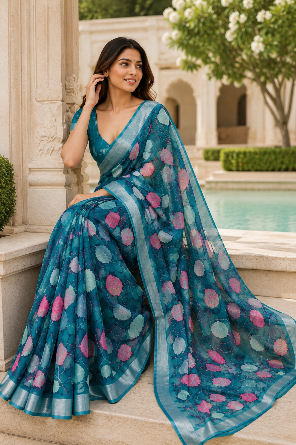 Rama Green Floral Organza Silk Saree with Silver Border