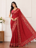 Red Floral Border Linen Blend Saree for Women | Elegant Festive Saree