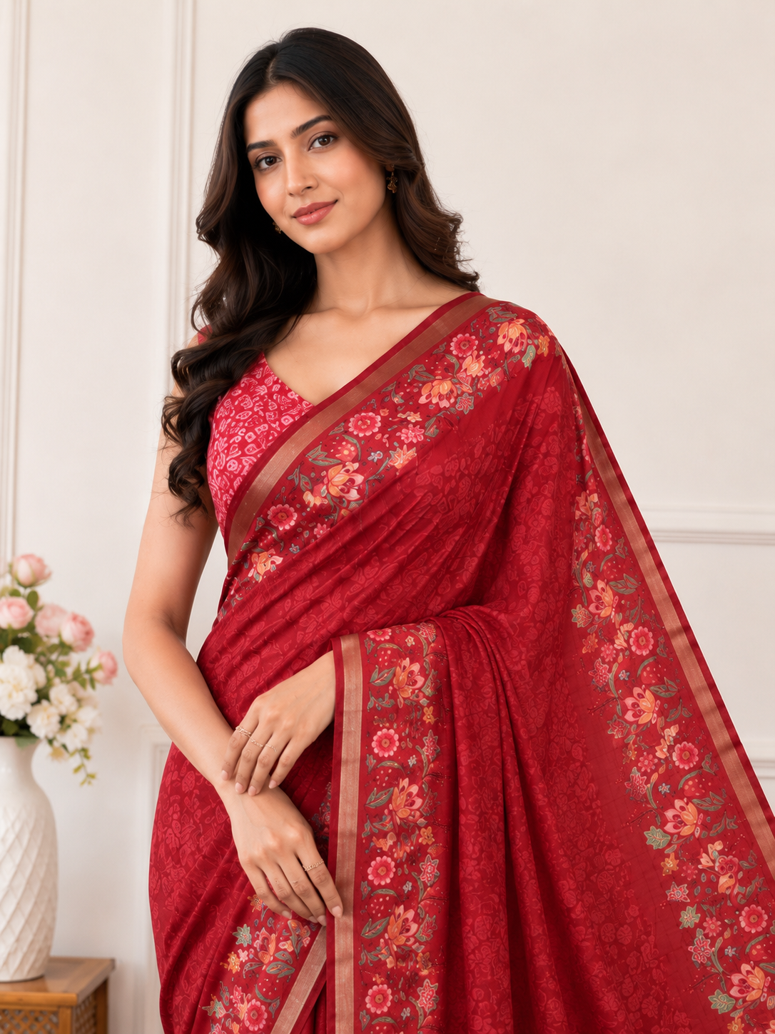 Red Floral Border Linen Blend Saree for Women | Elegant Festive Saree