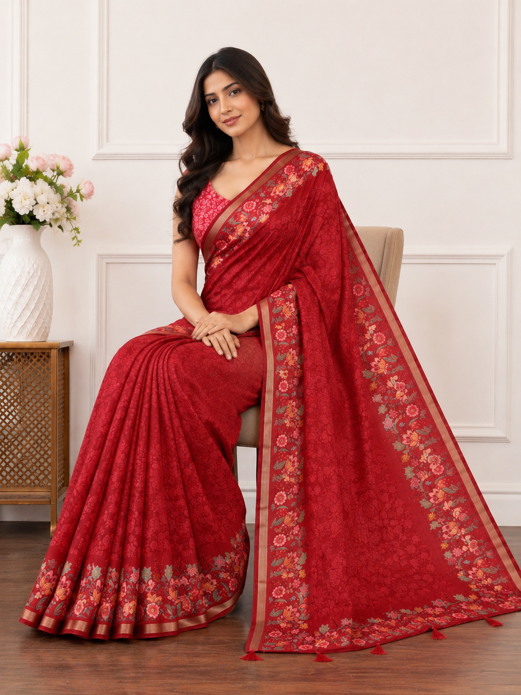 Red Floral Border Linen Blend Saree for Women | Elegant Festive Saree