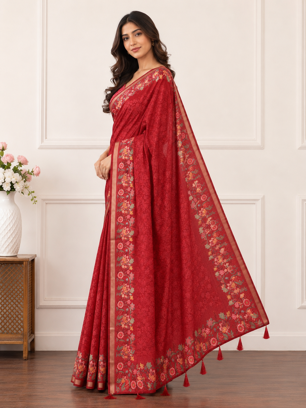 Red Floral Border Linen Blend Saree for Women | Elegant Festive Saree