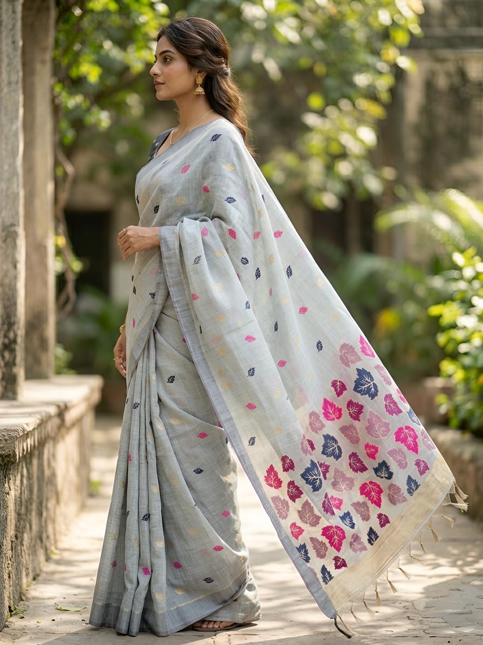 Elegant Grey Handwoven Cotton Saree with Multicolor Leaf Woven Pallu