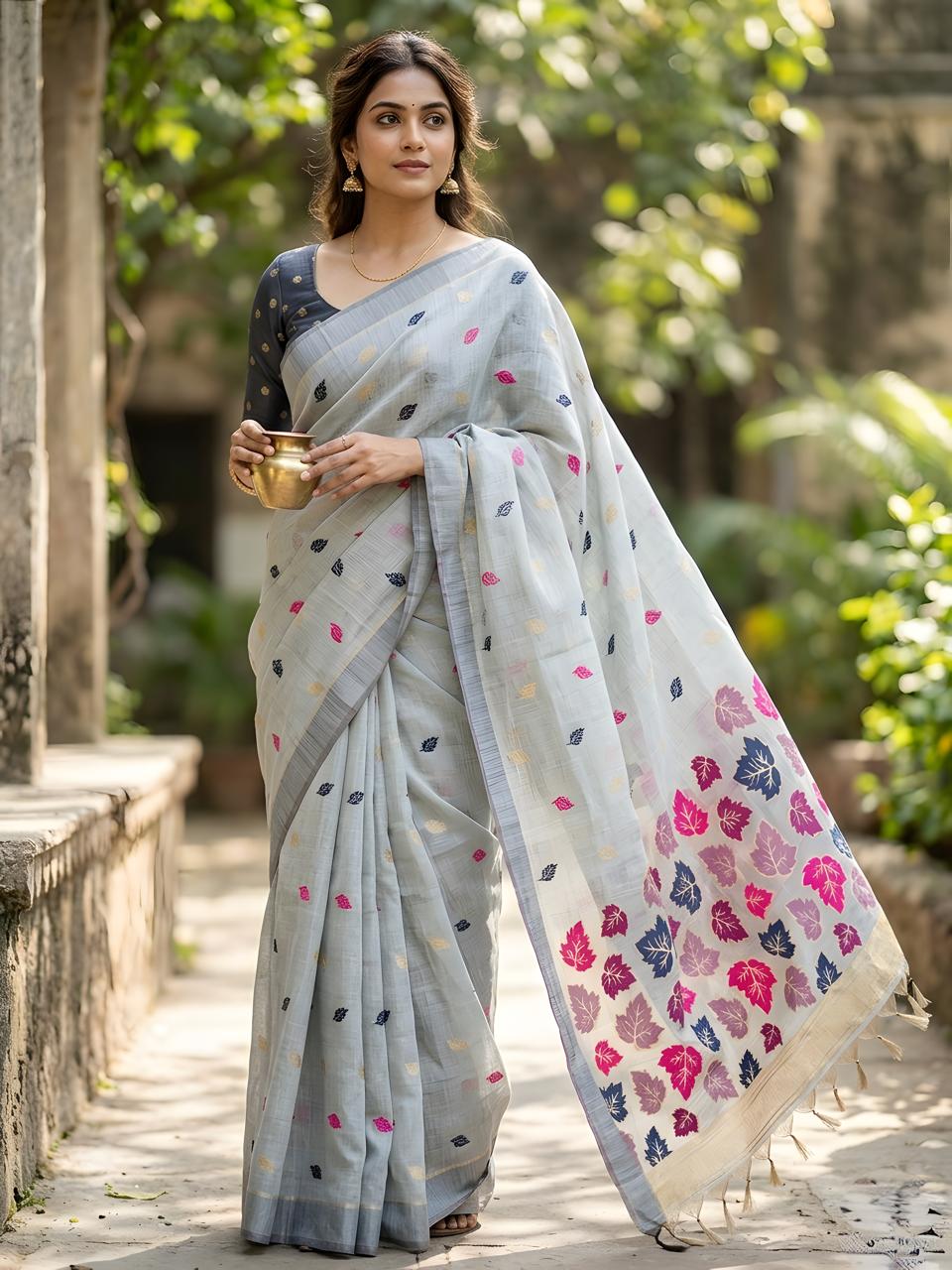 Elegant Grey Handwoven Cotton Saree with Multicolor Leaf Woven Pallu