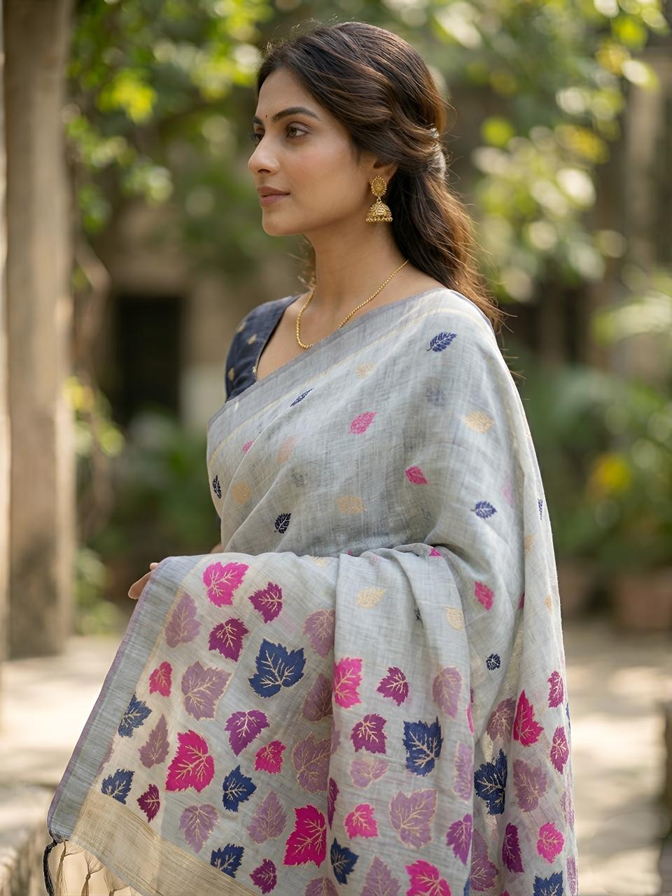Elegant Grey Handwoven Cotton Saree with Multicolor Leaf Woven Pallu