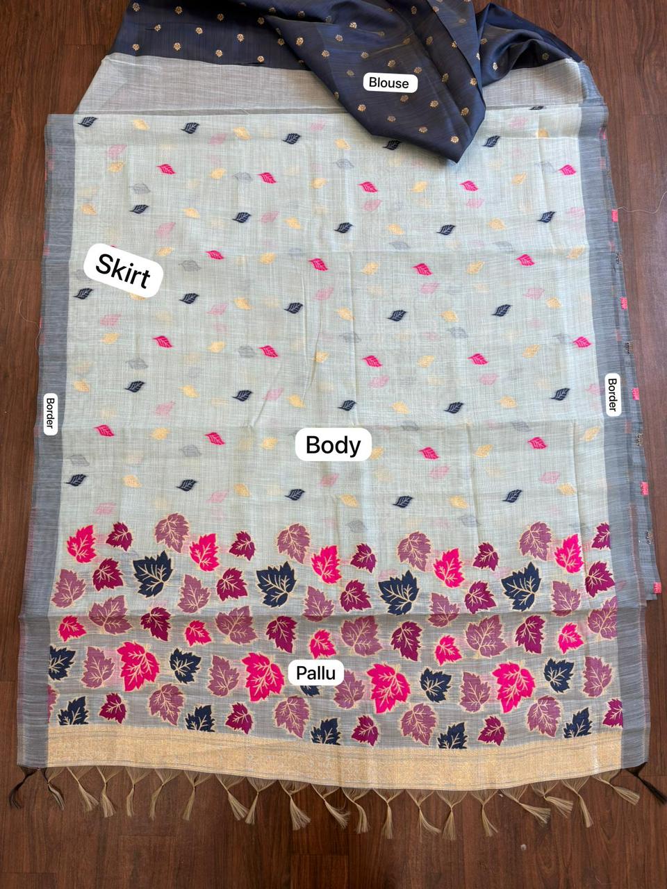 Elegant Grey Handwoven Cotton Saree with Multicolor Leaf Woven Pallu