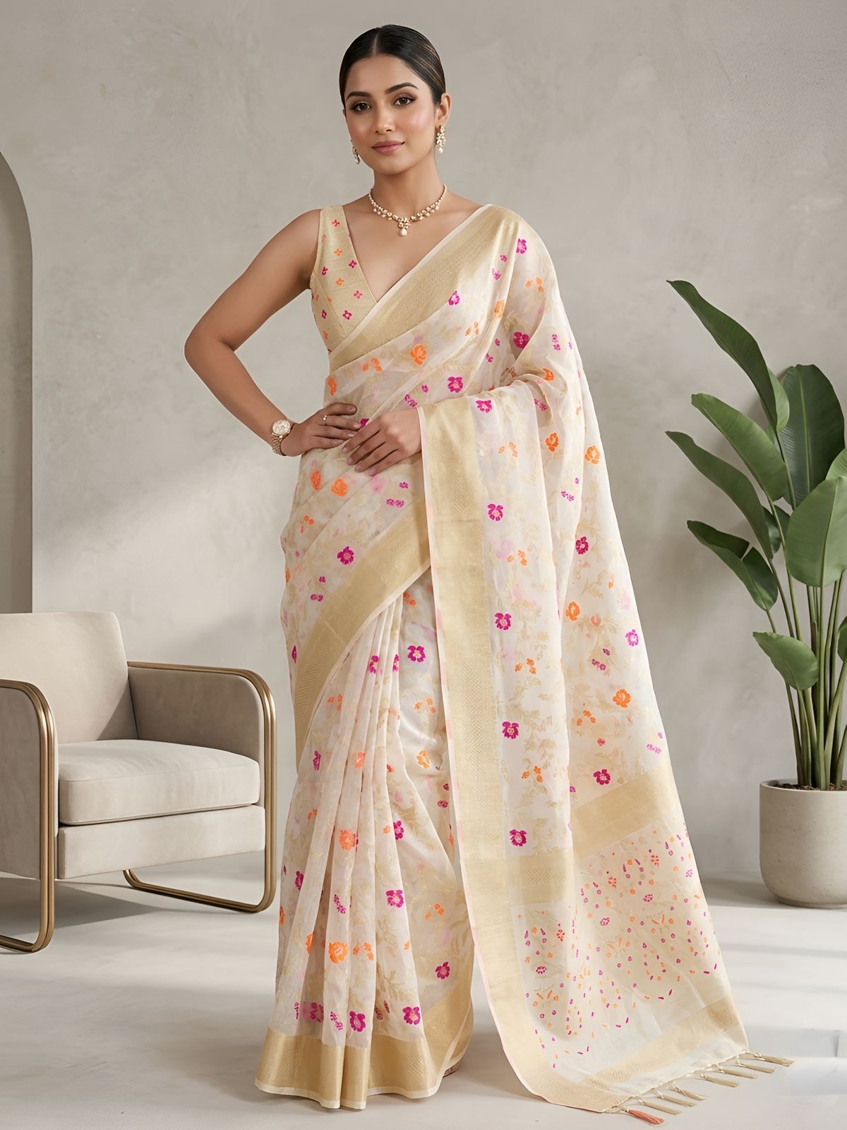 Ivory Organza Saree with Multicolor Floral Weaving & Golden Border