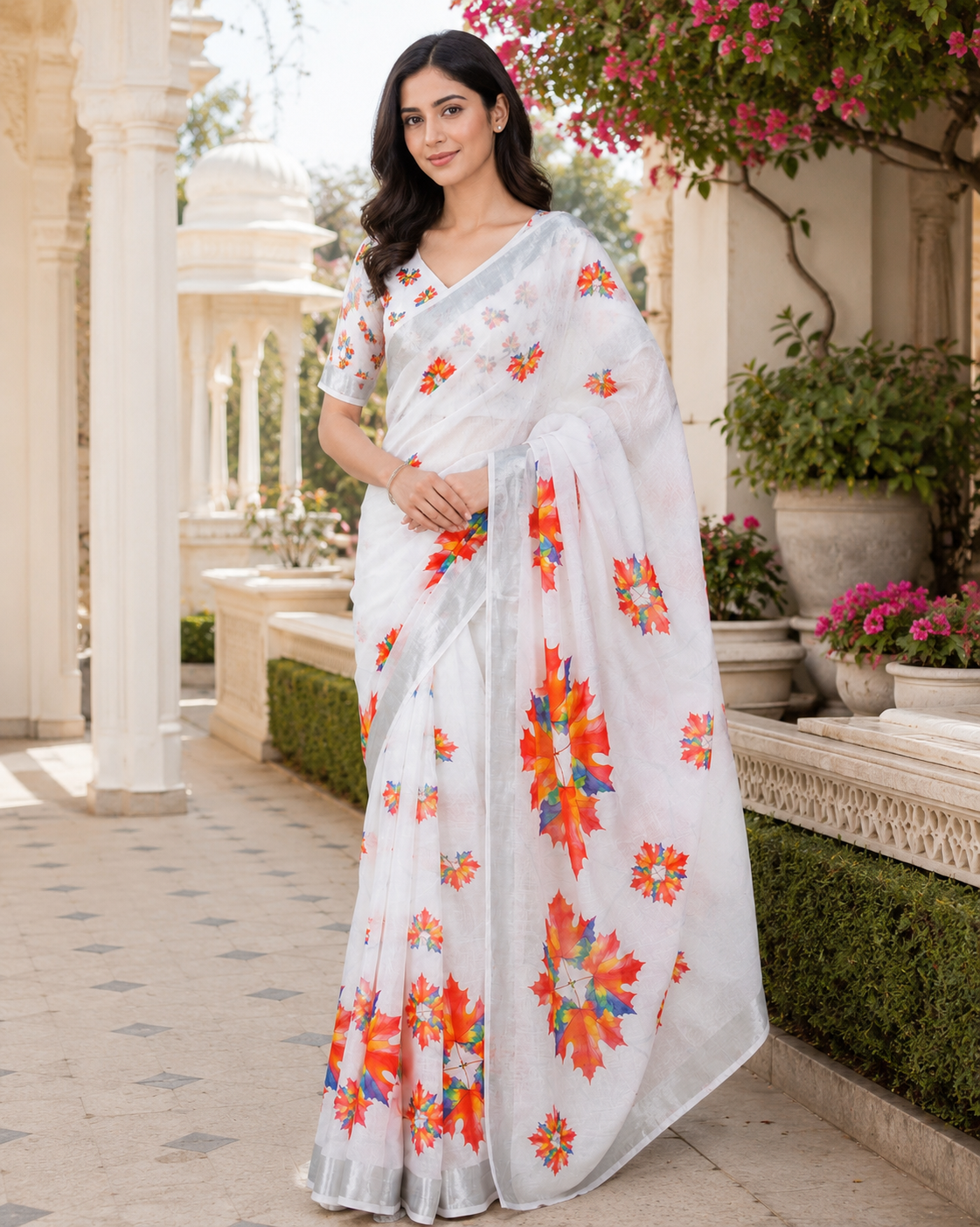 White Floral Printed Linen Blend Saree for Women | Elegant Designer Party Wear Saree