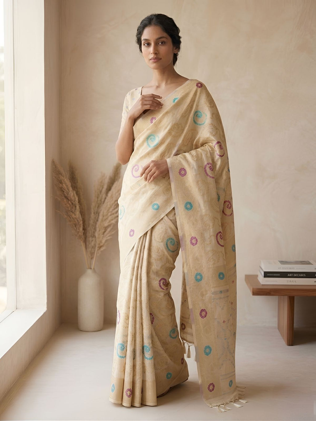Ivory Premium Cotton Silk Saree with Multicolor Circular Butti Weaving
