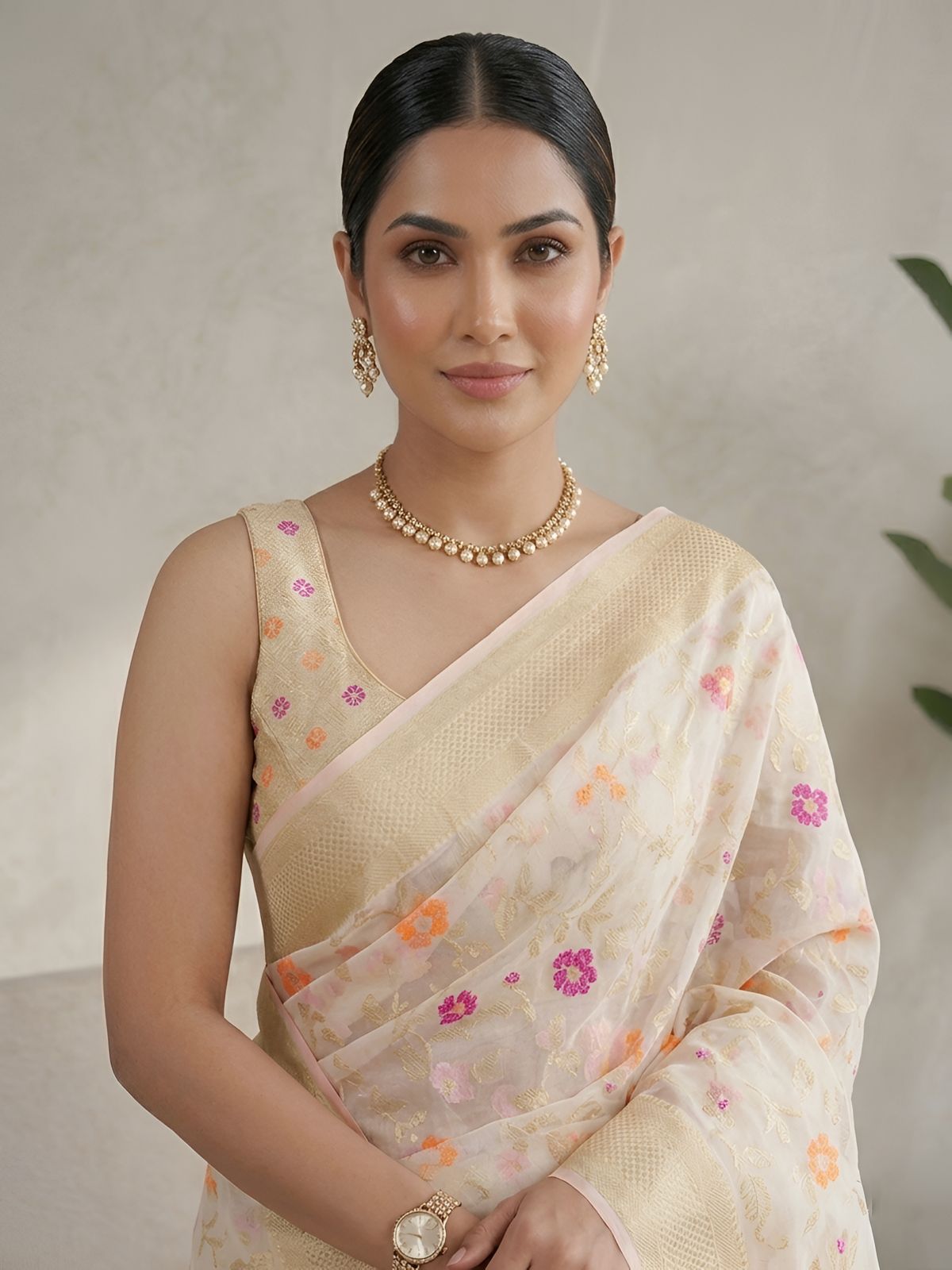 Ivory Organza Saree with Multicolor Floral Weaving & Golden Border