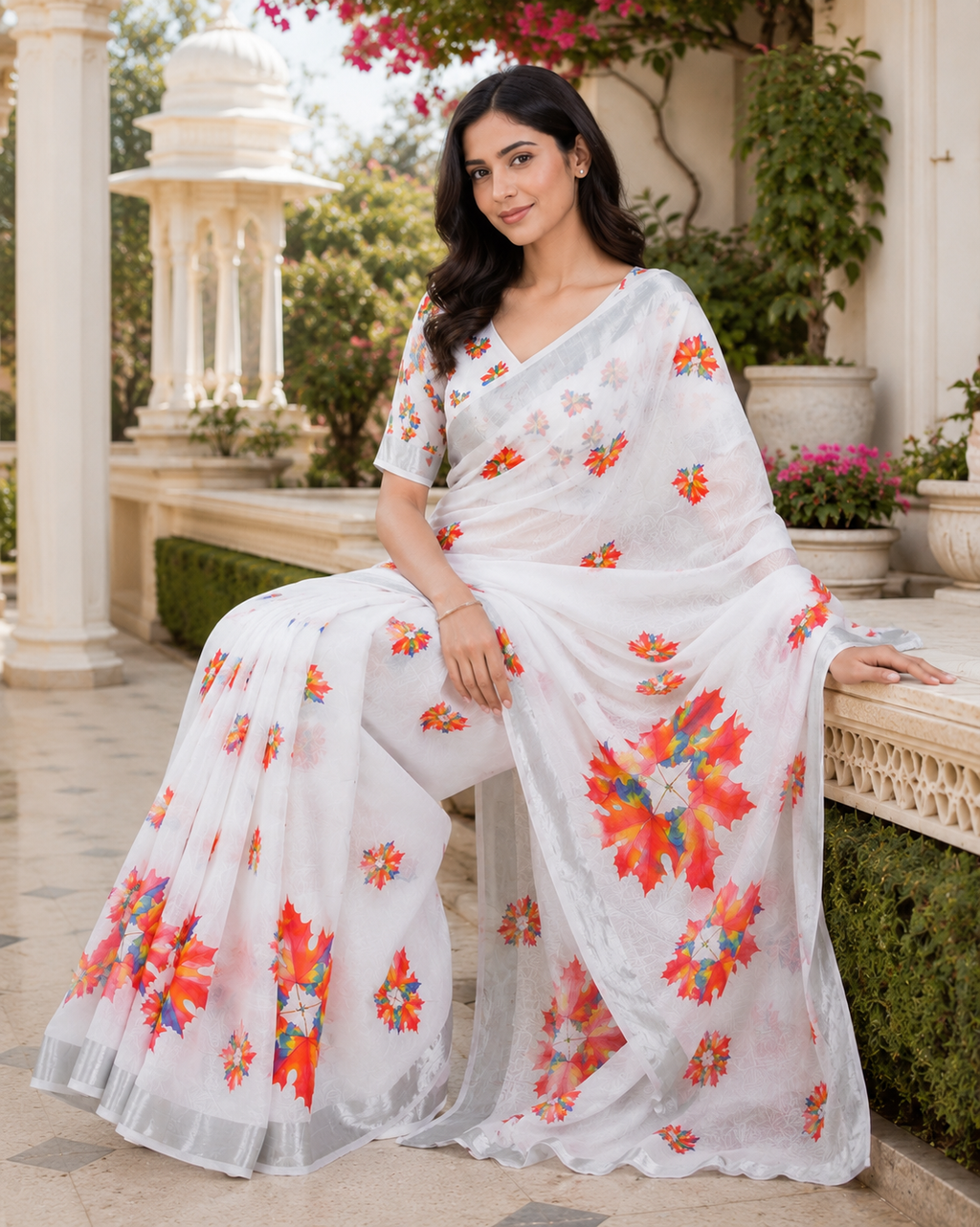 White Floral Printed Linen Blend Saree for Women | Elegant Designer Party Wear Saree