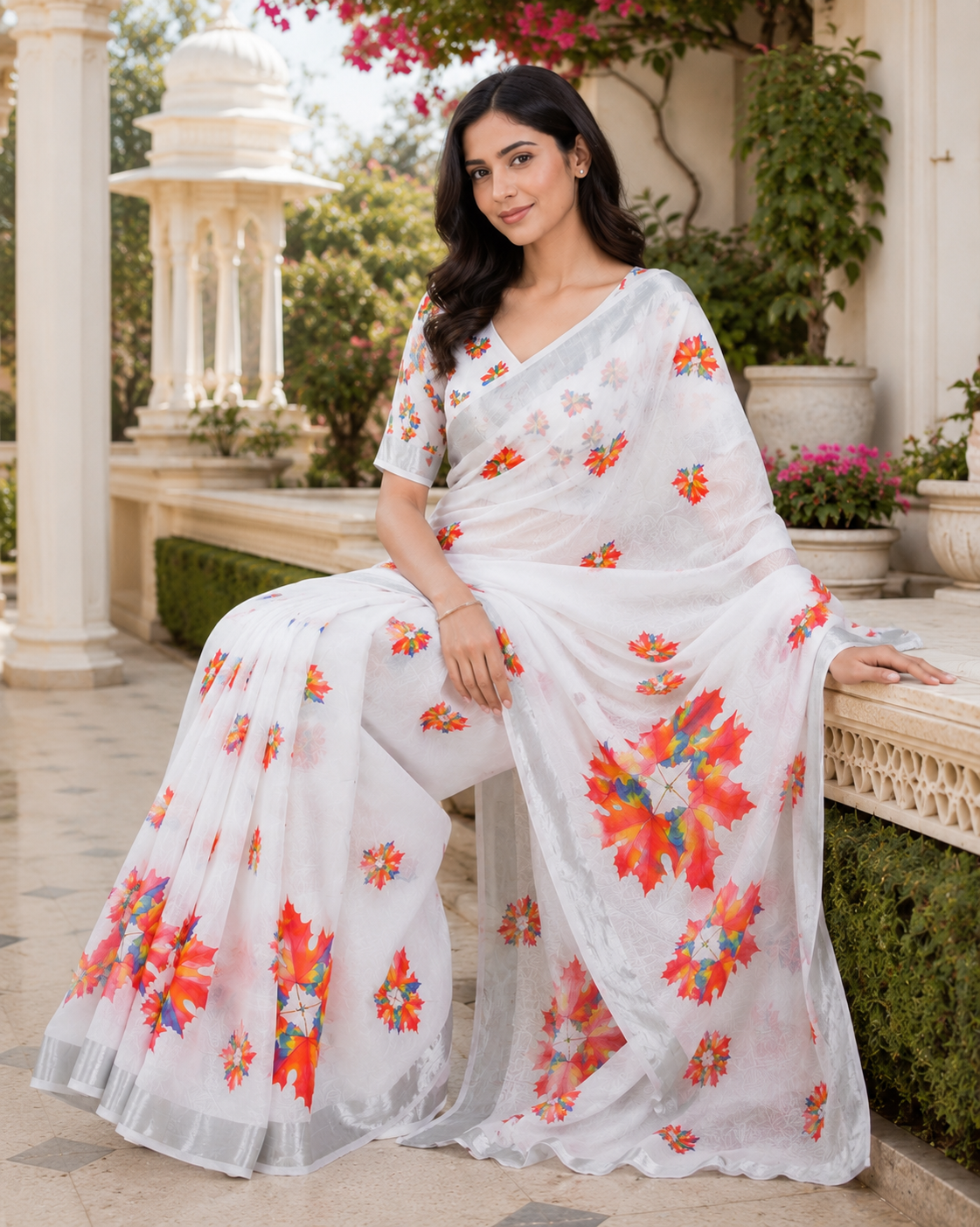 White Floral Printed Linen Blend Saree for Women | Elegant Designer Party Wear Saree