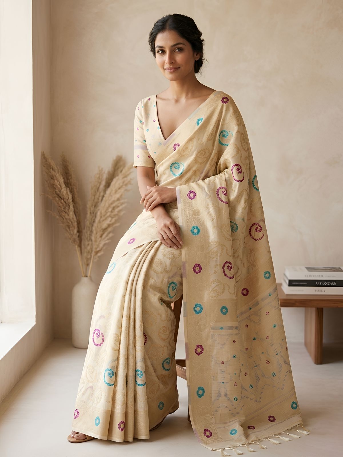 Ivory Premium Cotton Silk Saree with Multicolor Circular Butti Weaving