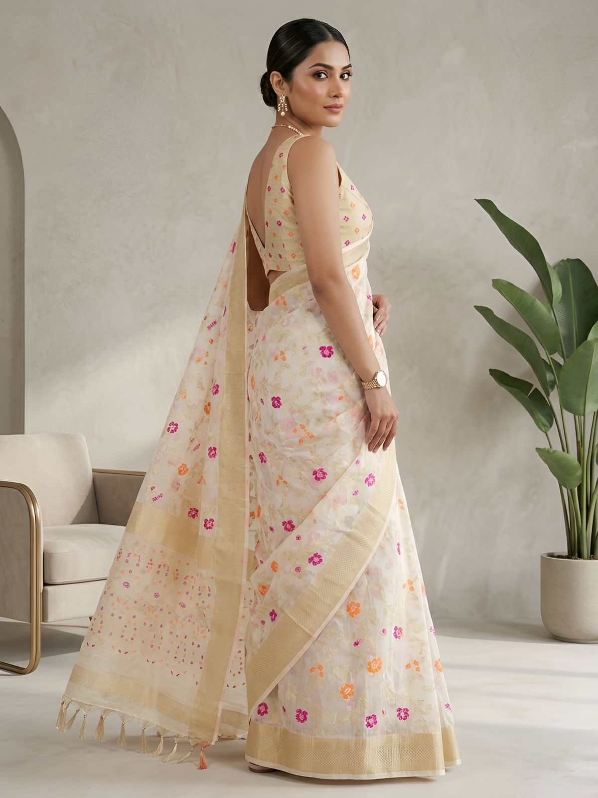 Ivory Organza Saree with Multicolor Floral Weaving & Golden Border