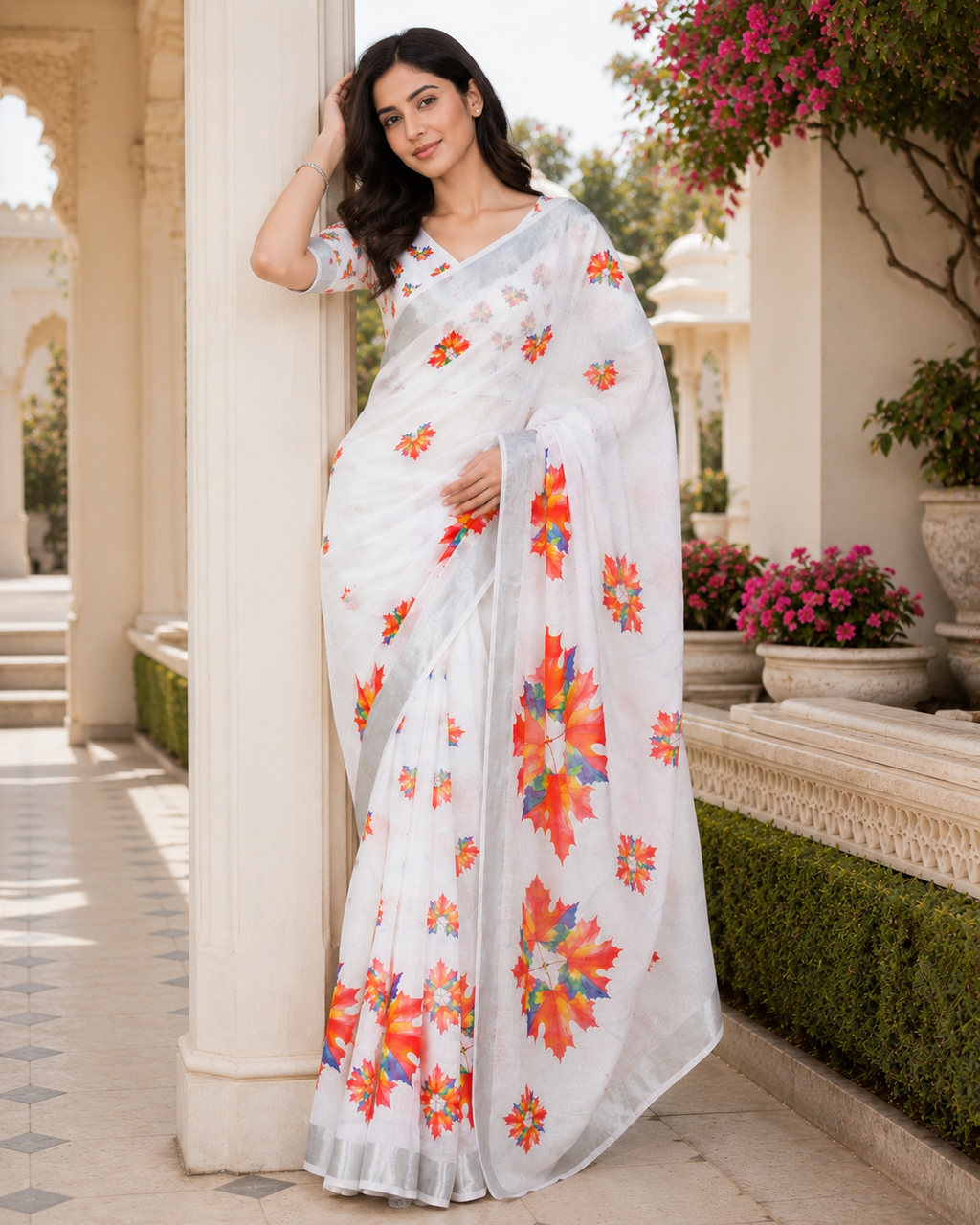 White Floral Printed Linen Blend Saree for Women | Elegant Designer Party Wear Saree