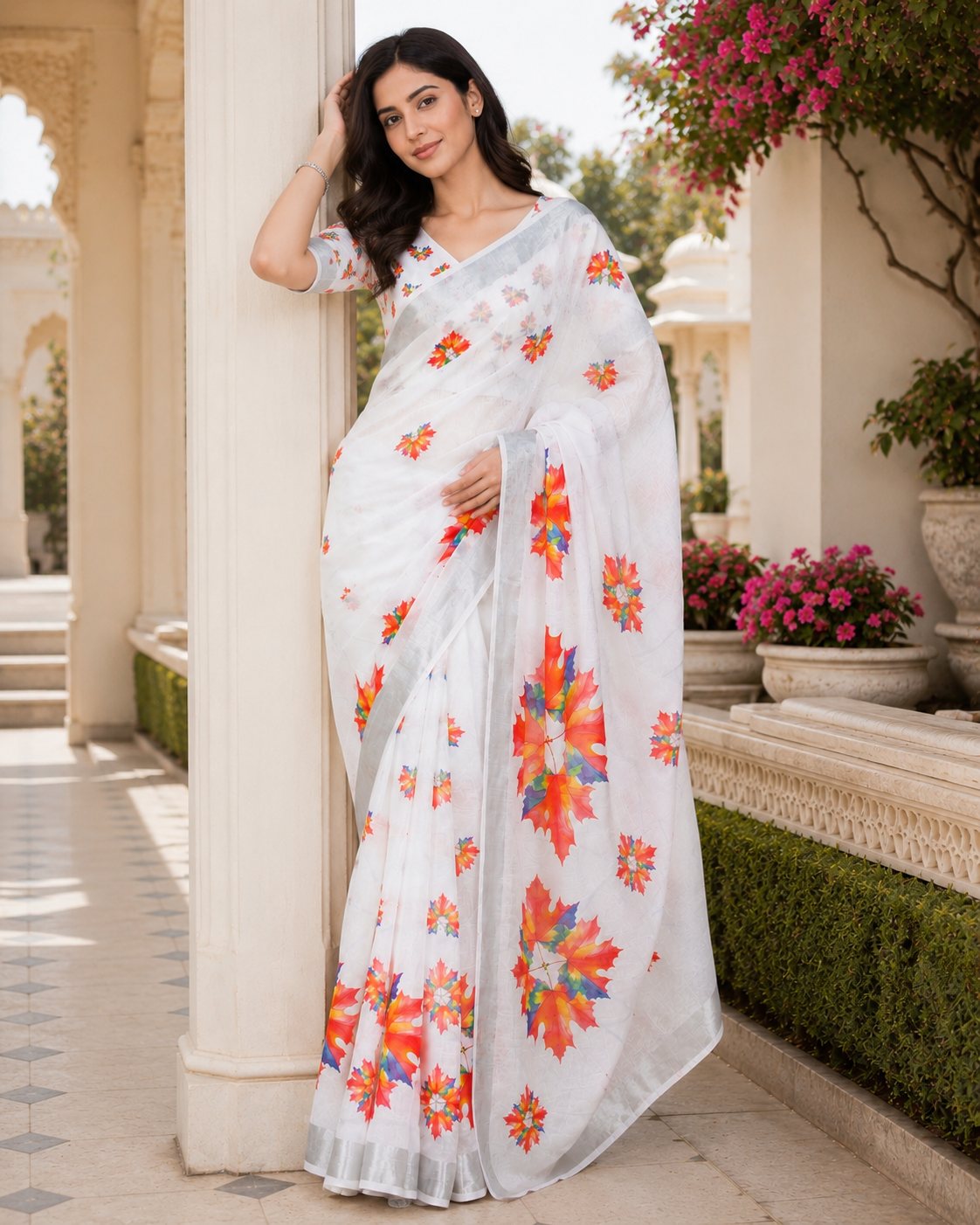 White Floral Printed Linen Blend Saree for Women | Elegant Designer Party Wear Saree