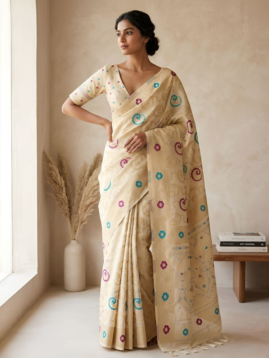 Ivory Premium Cotton Silk Saree with Multicolor Circular Butti Weaving