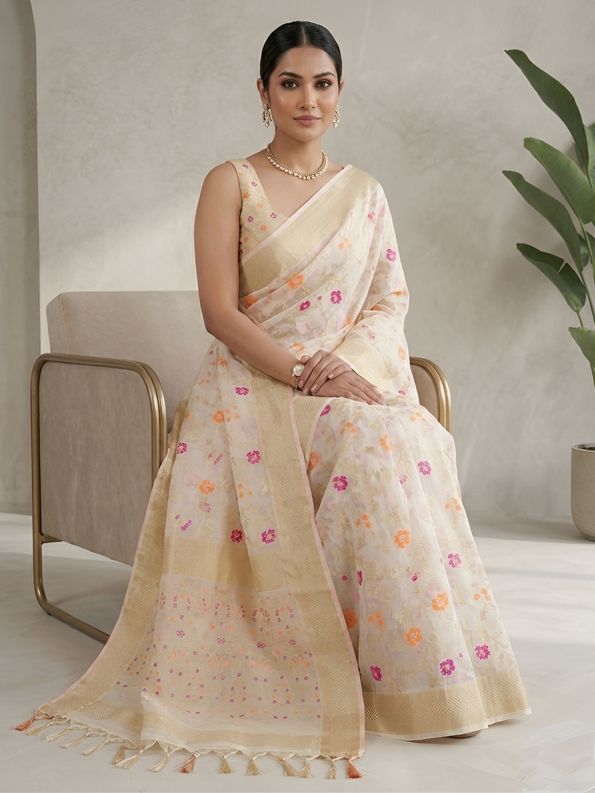 Ivory Organza Saree with Multicolor Floral Weaving & Golden Border