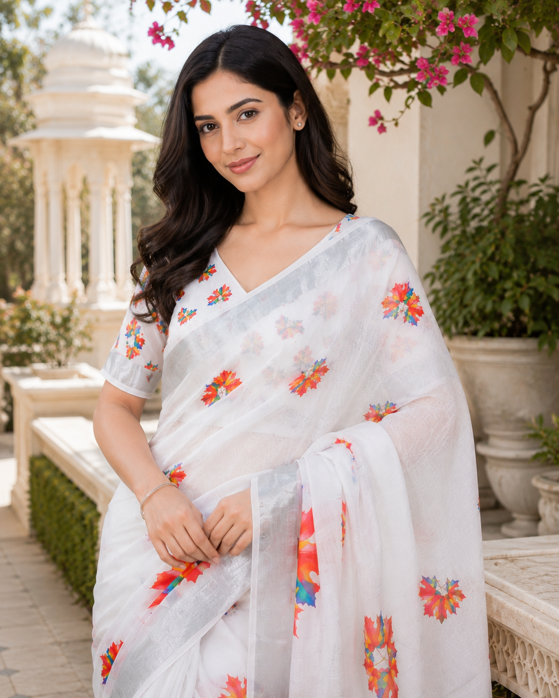 White Floral Printed Linen Blend Saree for Women | Elegant Designer Party Wear Saree