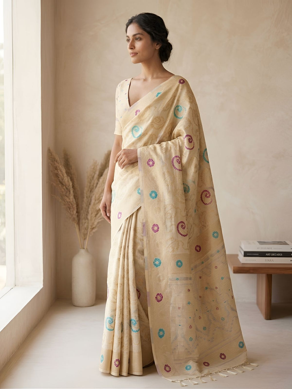 Ivory Premium Cotton Silk Saree with Multicolor Circular Butti Weaving
