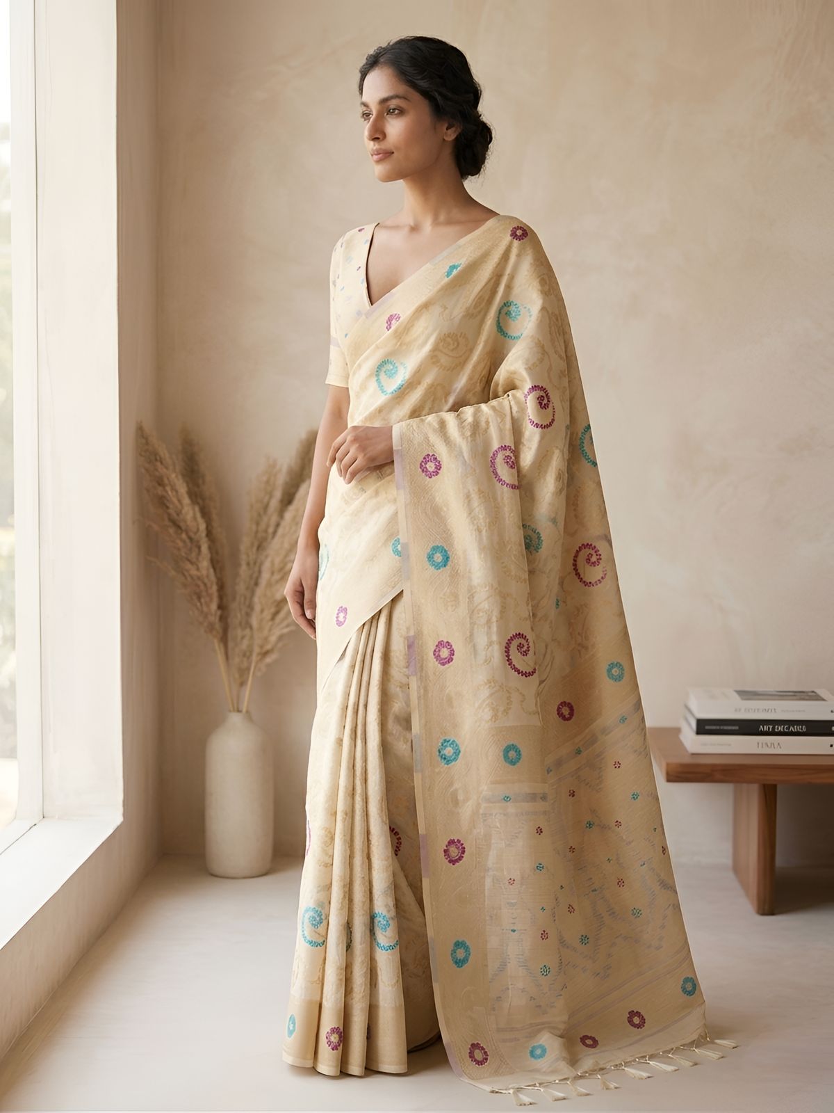 Ivory Premium Cotton Silk Saree with Multicolor Circular Butti Weaving
