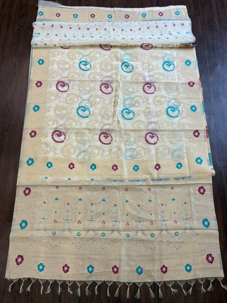 Ivory Premium Cotton Silk Saree with Multicolor Circular Butti Weaving