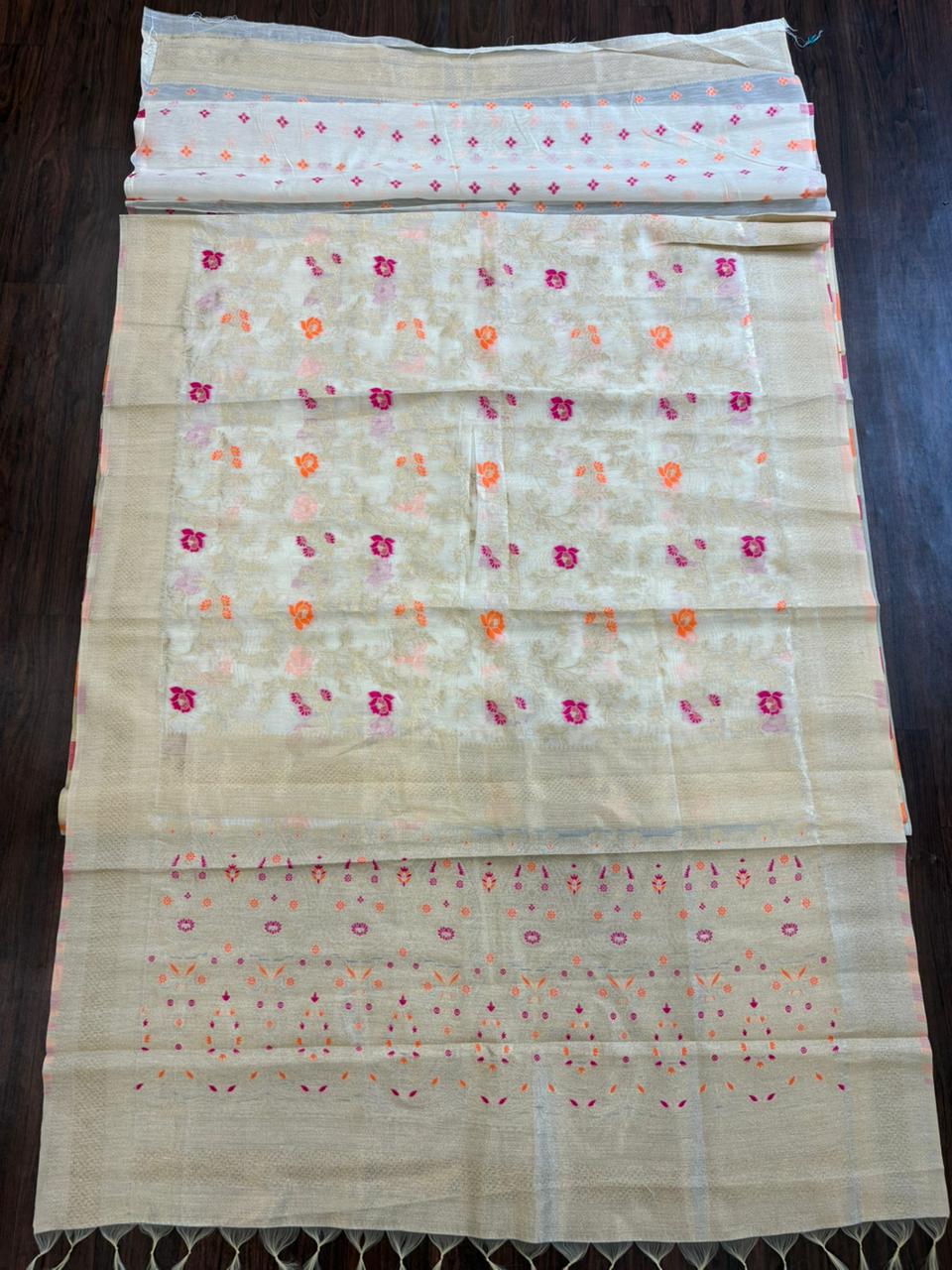 Ivory Organza Saree with Multicolor Floral Weaving & Golden Border